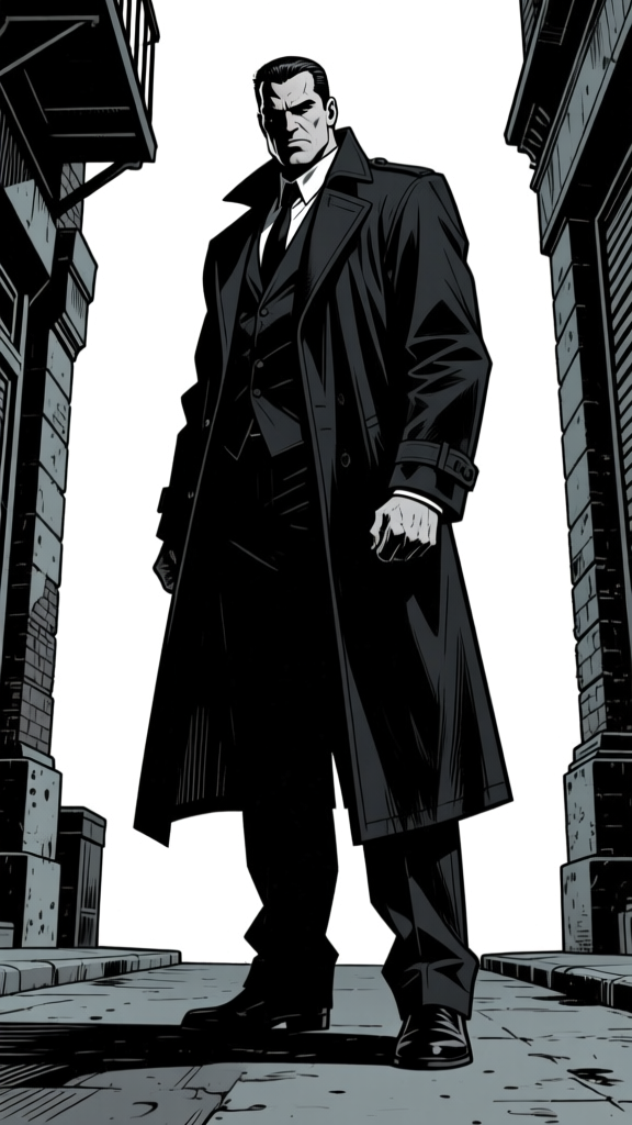 Noir trenchcoat figure — fabric folds