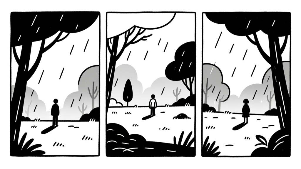 Three-panel comic — outdoor scene