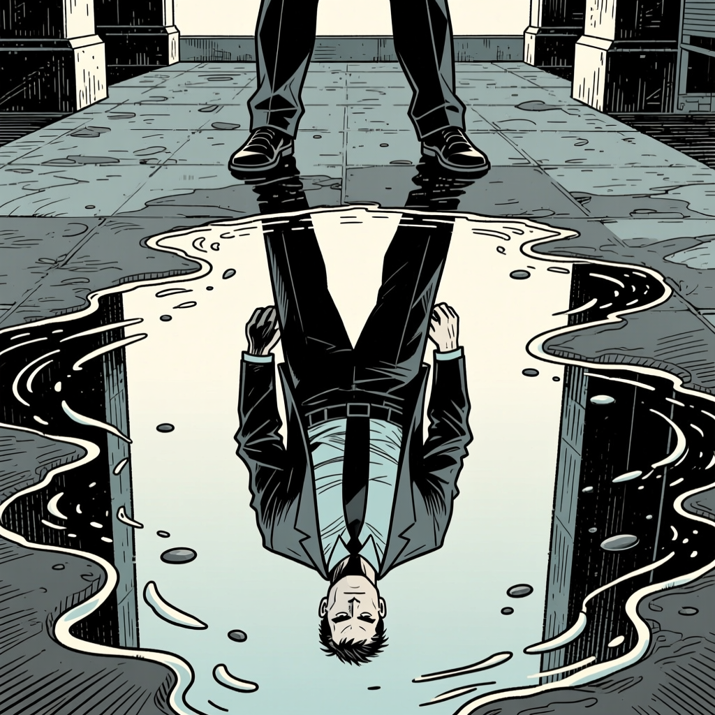 Figure reflected in puddle — noir