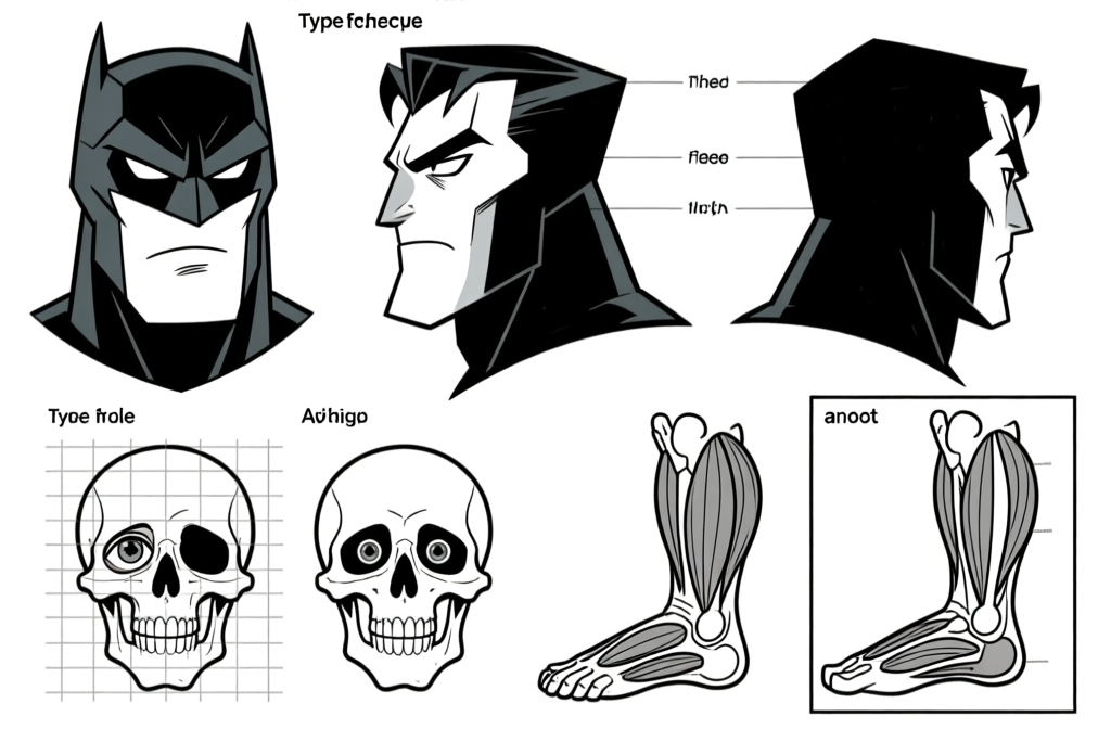Head studies — skull, face, foot