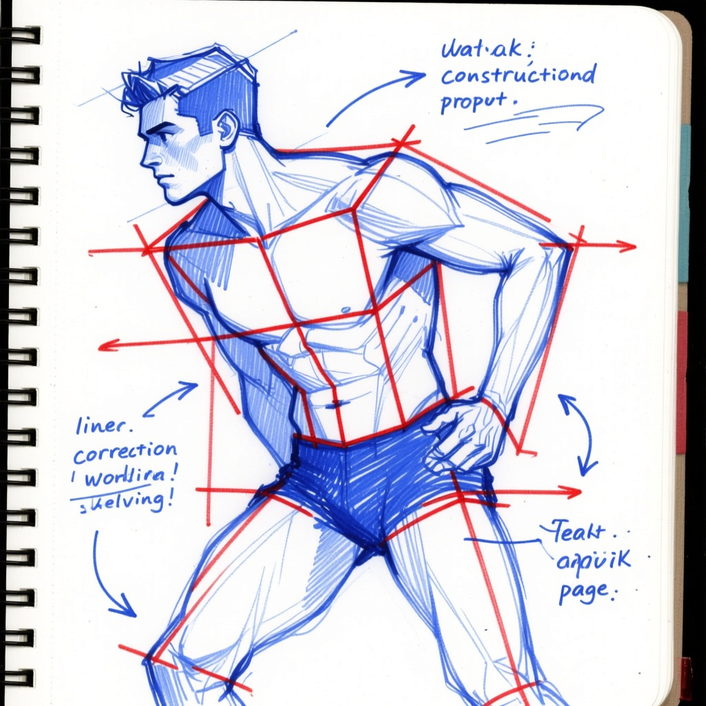 Annotated torso sketchbook study