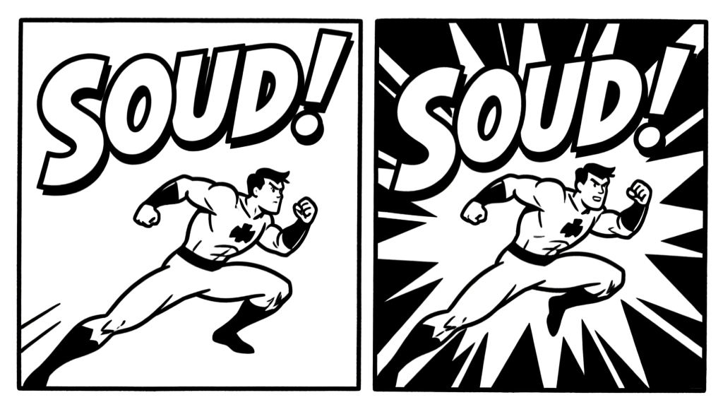 SOUD! — two action panels