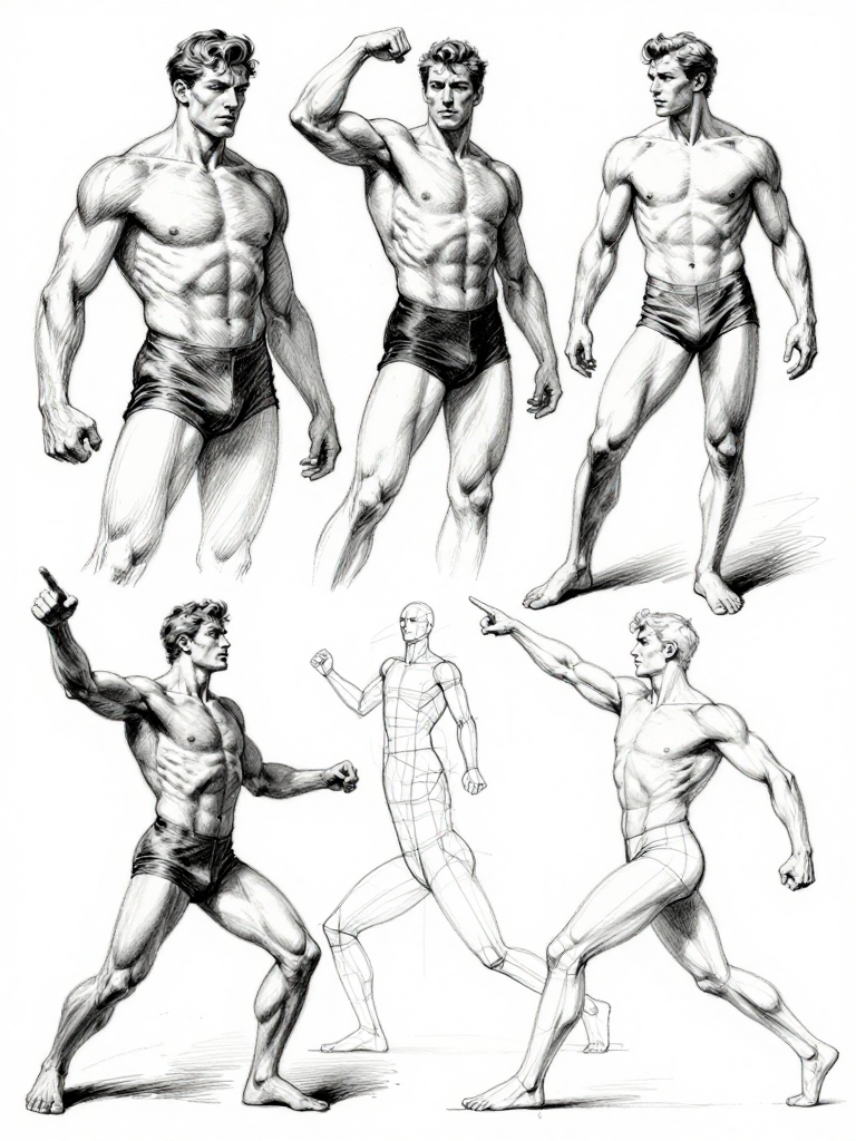 Multiple figure studies — each starts with a spine stroke