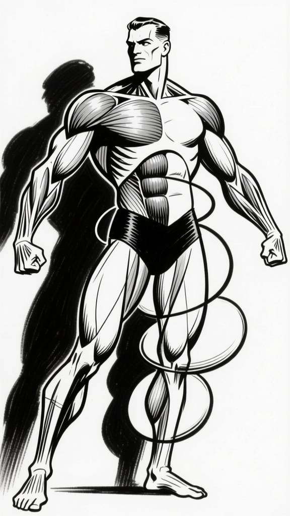 Heroic figure with construction lines