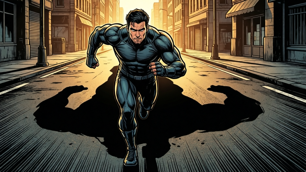 Hero running — in city