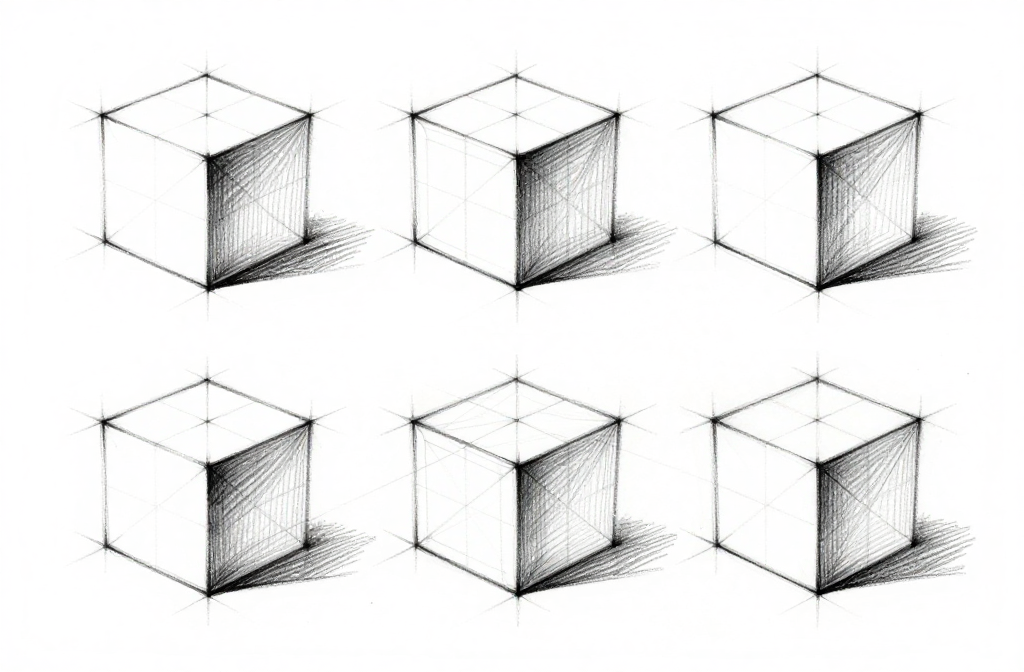 Cube rotation — six-view study