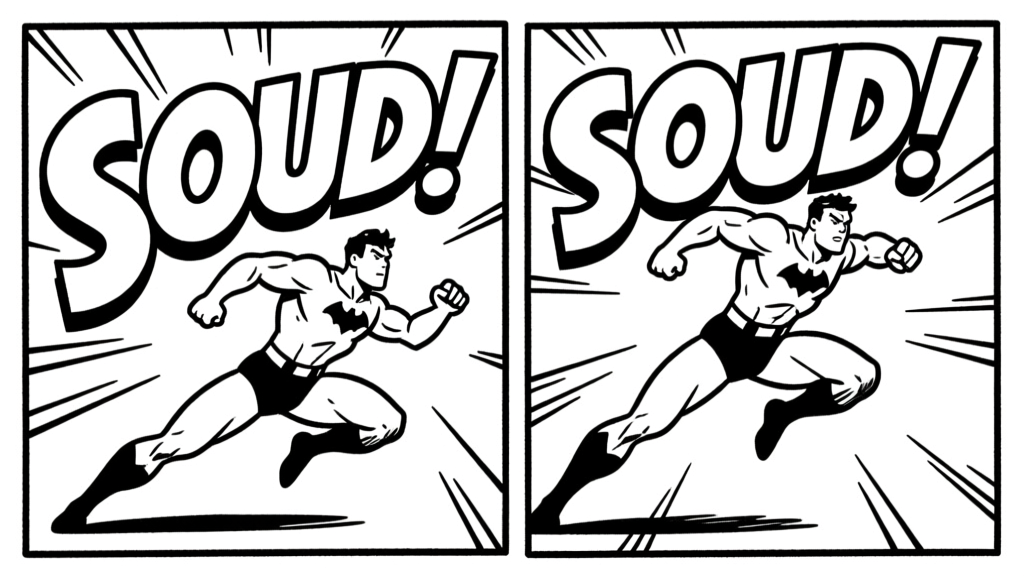 SOUD! — two action panels