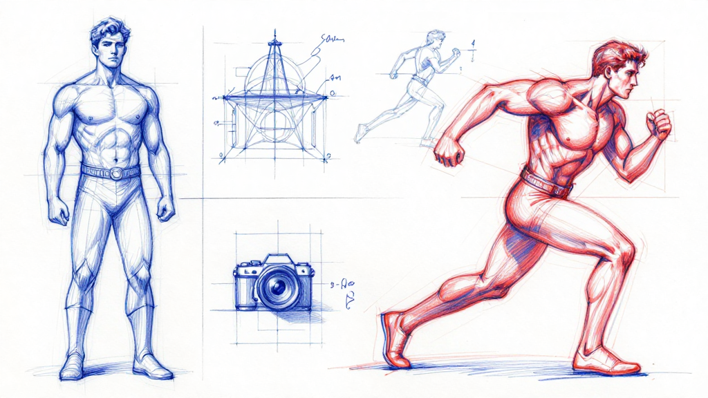 Figure action studies in blue/red