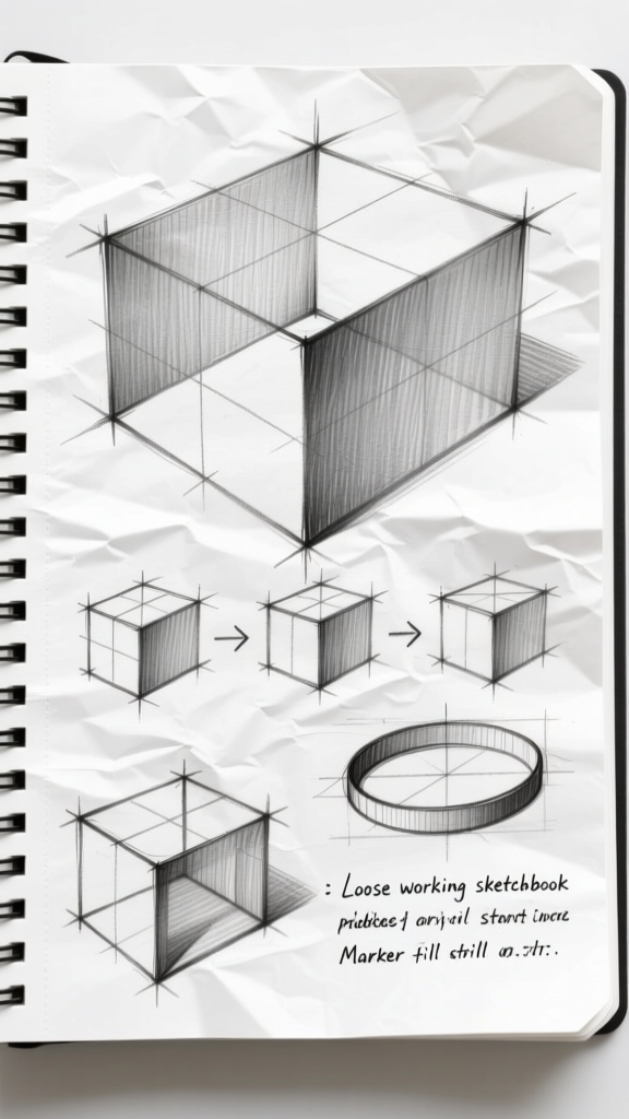 Sketchbook box and perspective studies