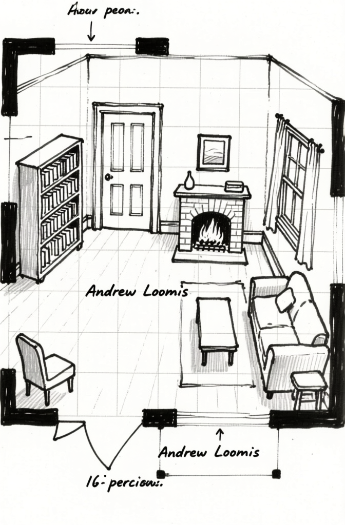 Interior perspective room drawing