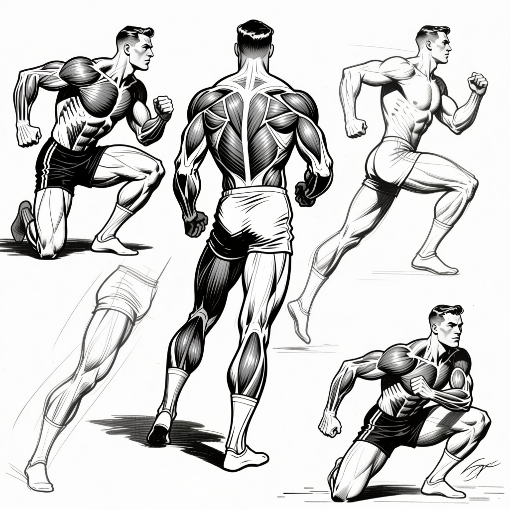Multiple hero poses — arm musculature at every angle