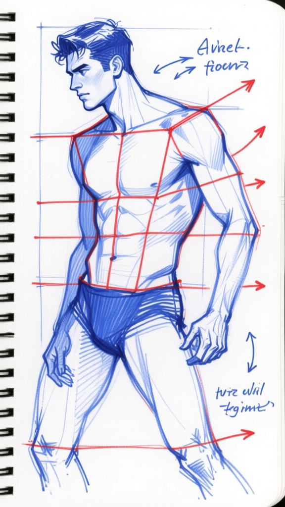 Figure construction — blue pen notebook