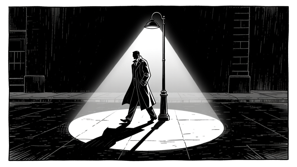 Figure in spotlight — noir scene