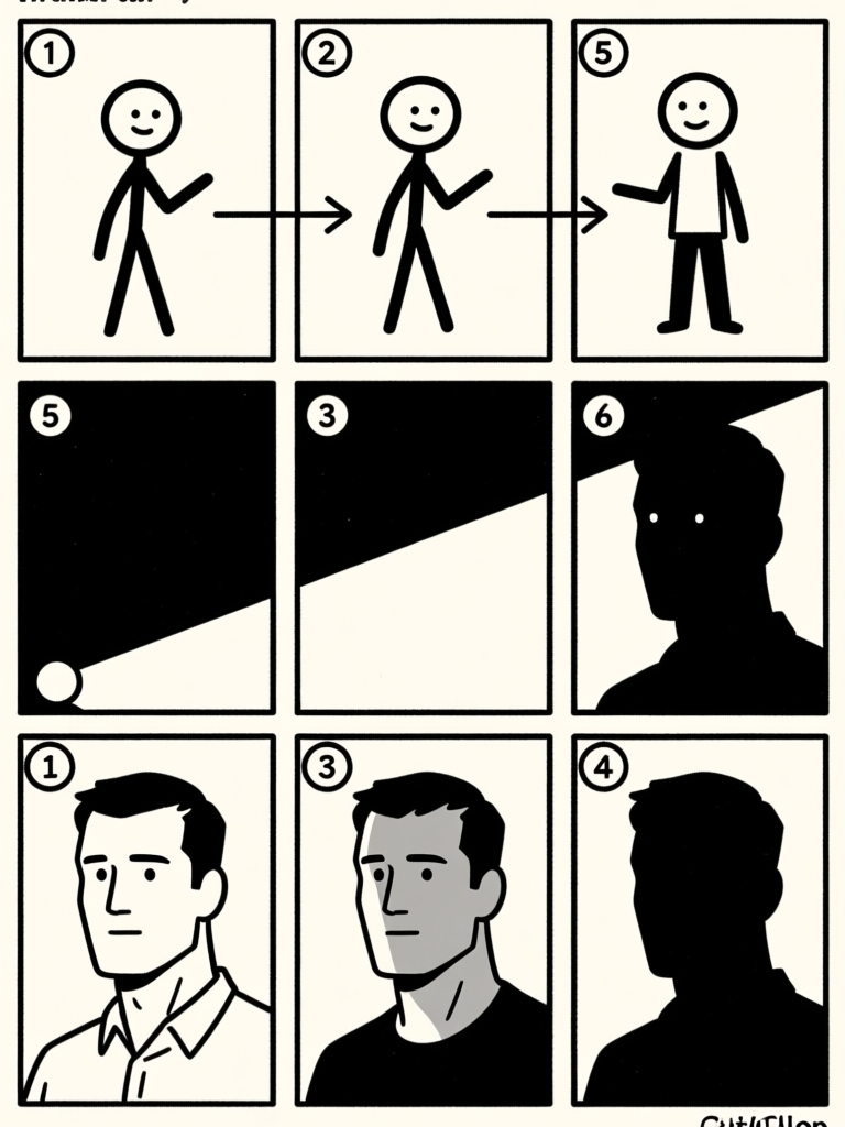 Stick figure to shadow — progression strip