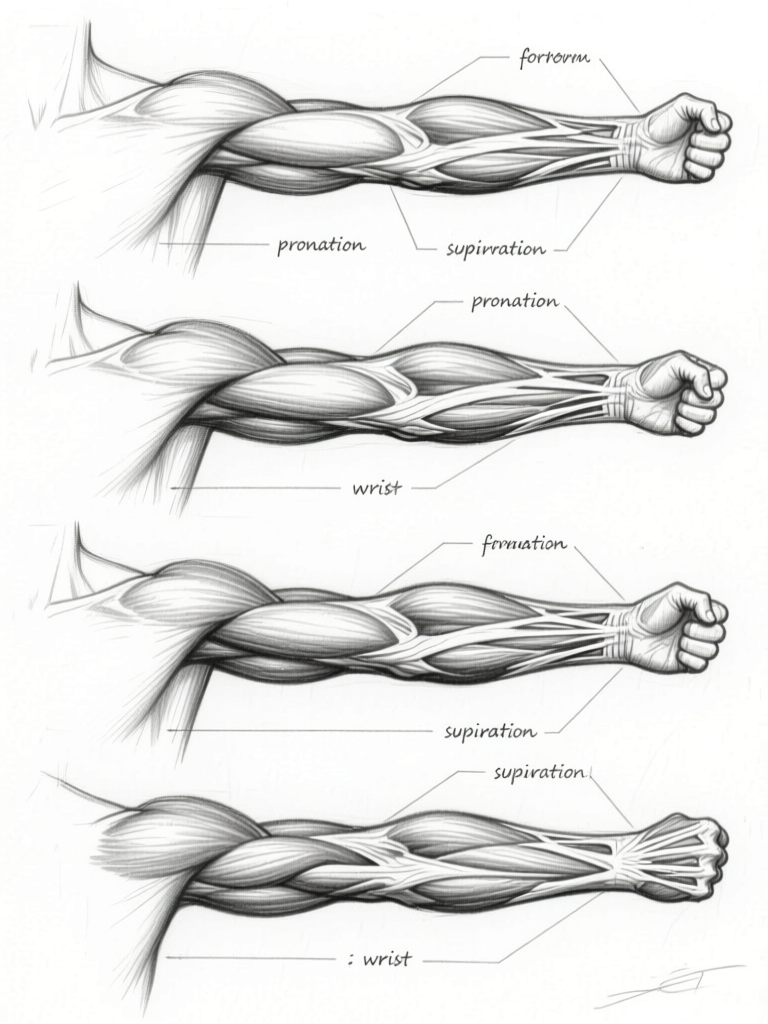 Arm anatomy — four-view detailed