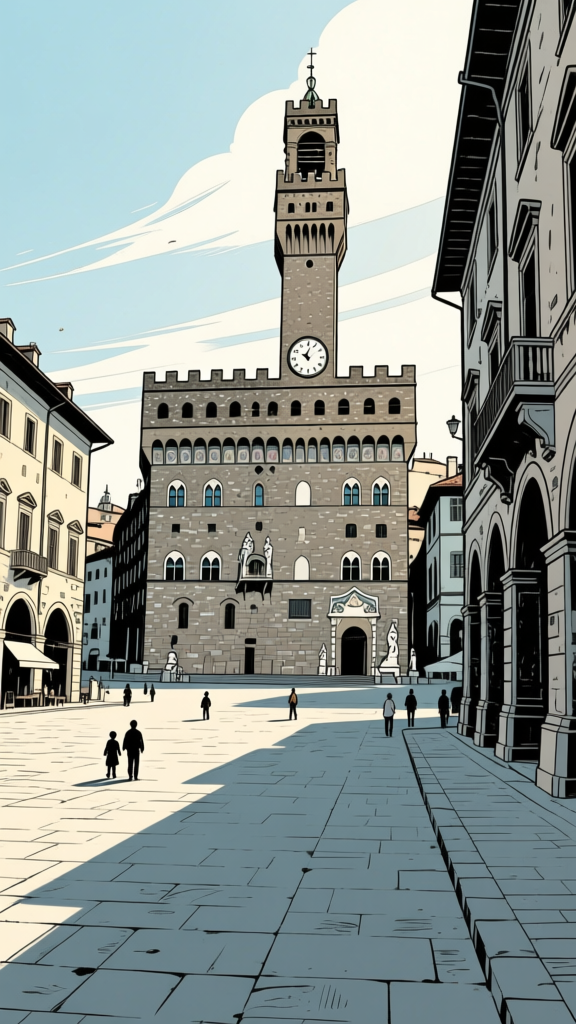 Town square — two-point perspective