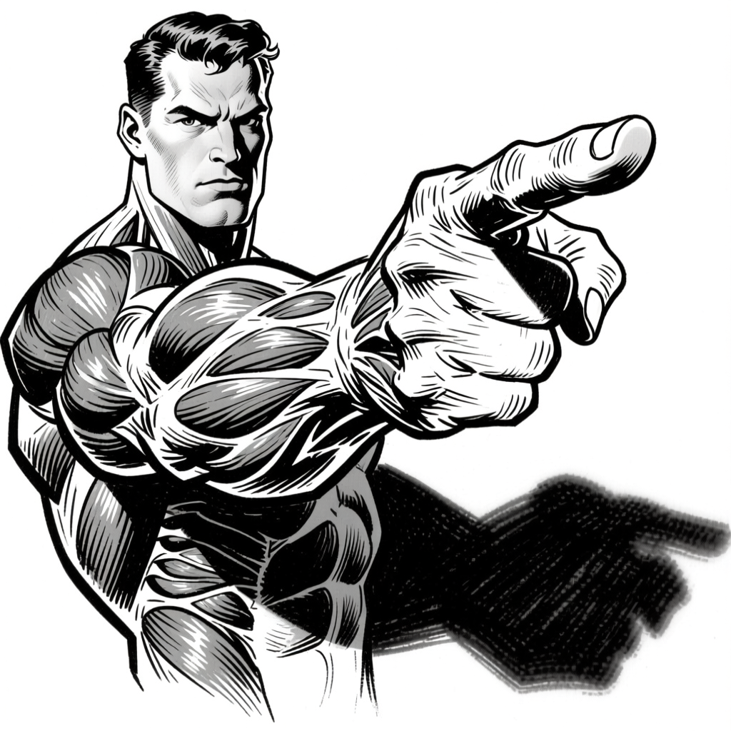 Hero pointing — dramatic angle