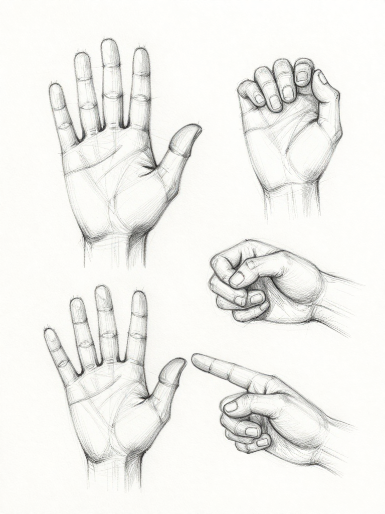 Hand studies — palm view and pointing