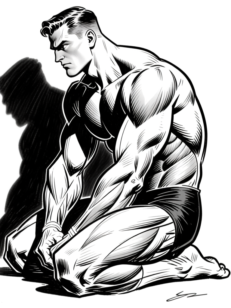 Kneeling figure — back in tension