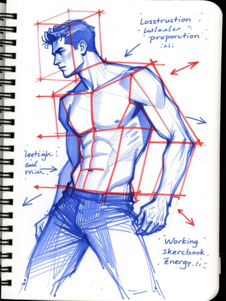 Figure construction notebook — blue pen