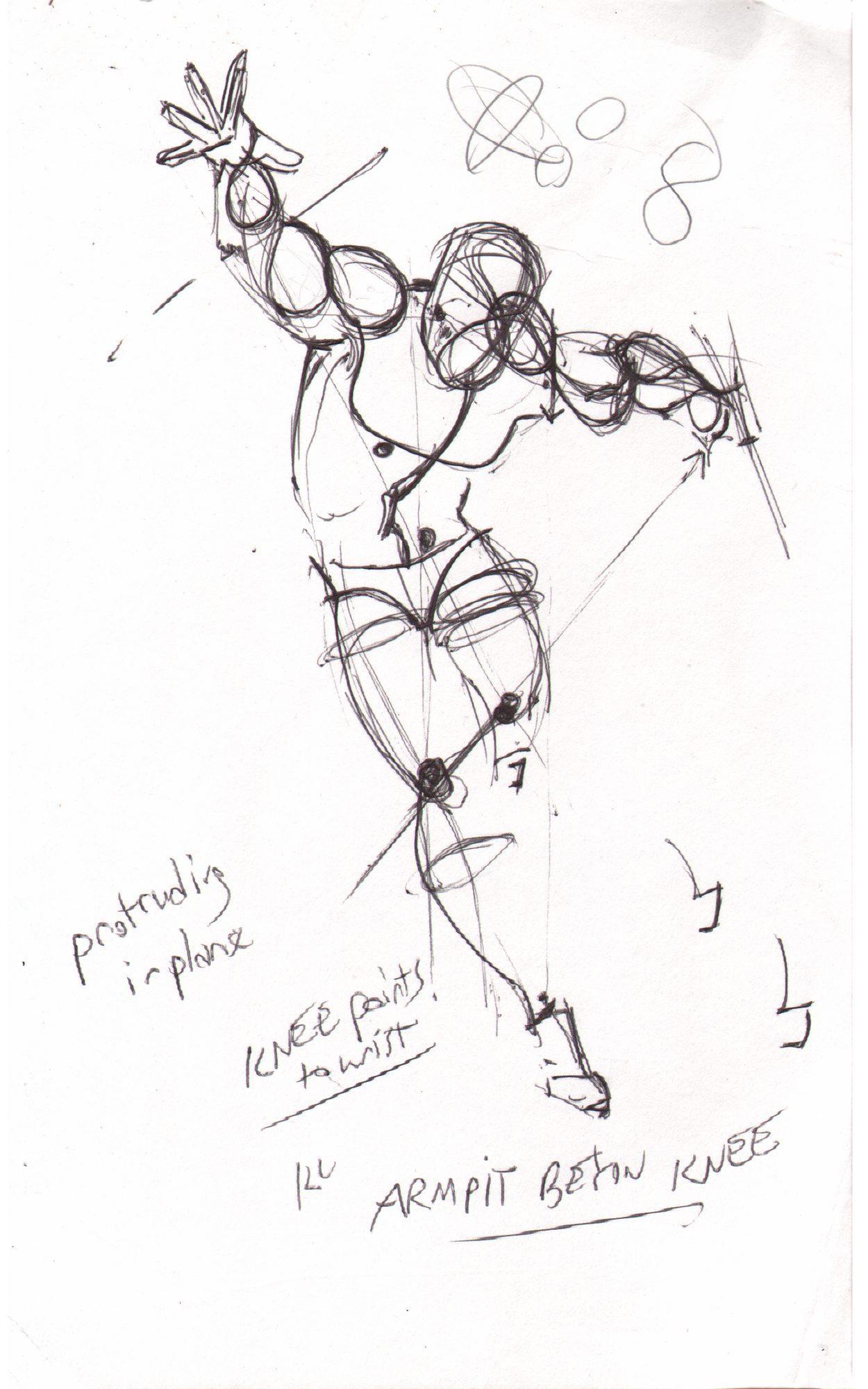 Dynamic leaping figure — knee/armpit/elbow notes