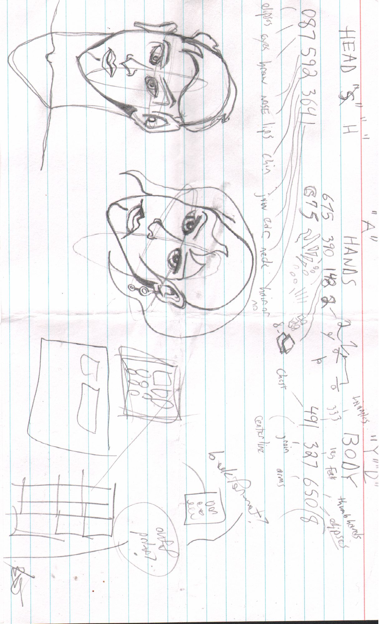 Two character faces with numerology annotations