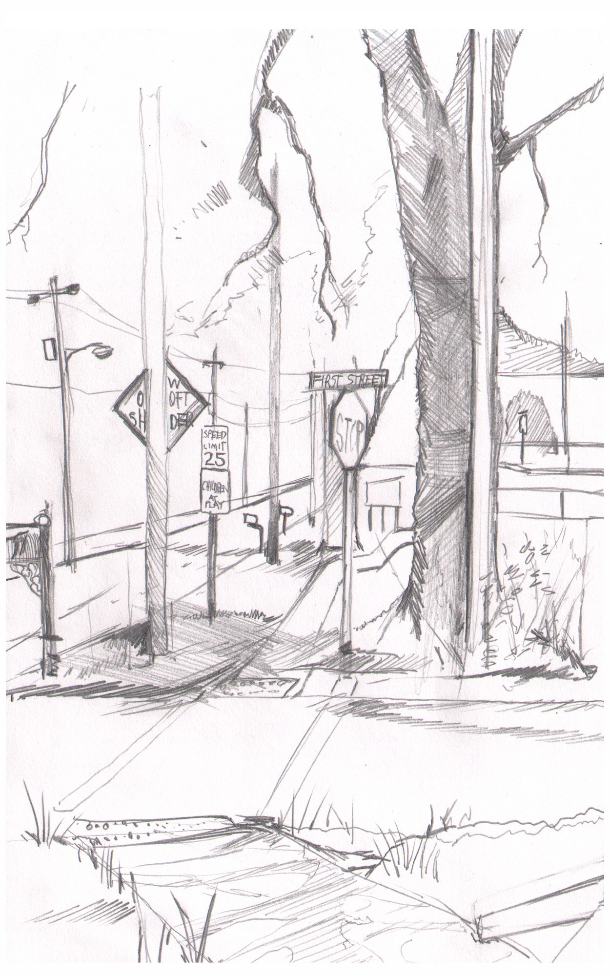 Street scene — two-point, trees, depth recession