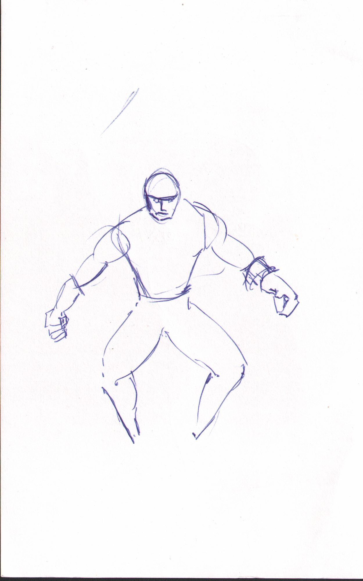 Heroic figure rough — blue pen blocking stage