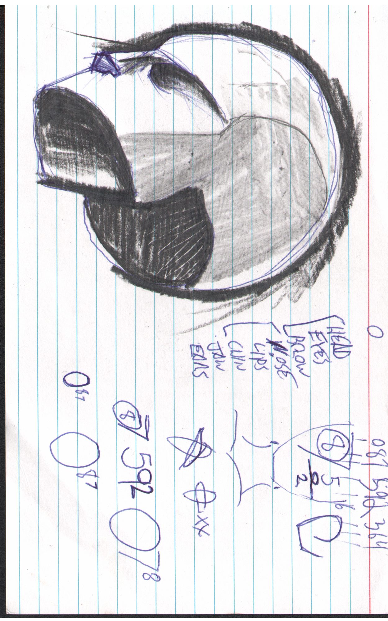 Head form shaded study with annotations