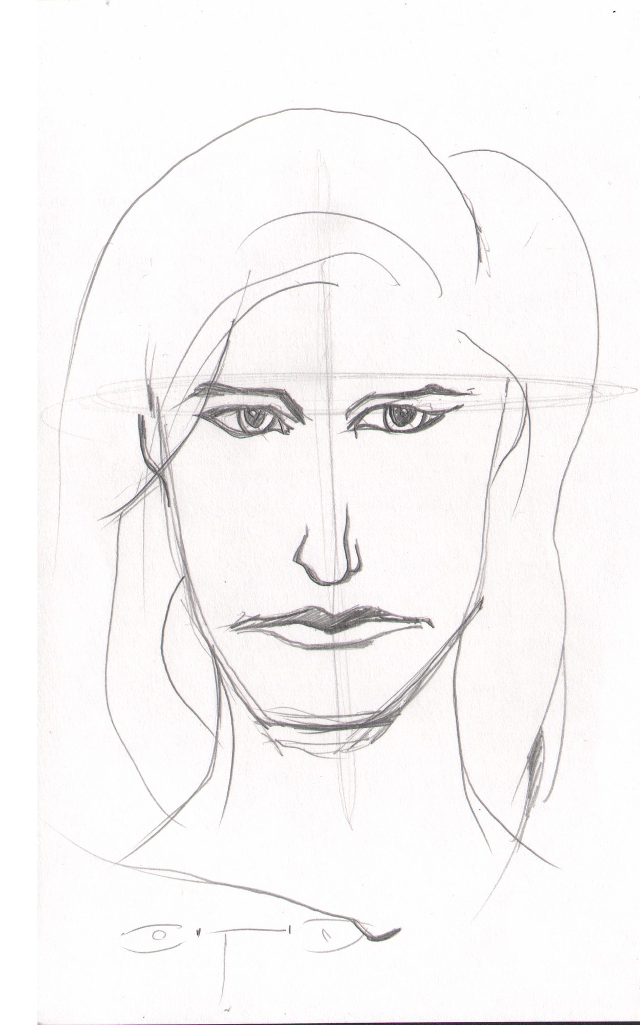 Female face — straight-on with structure lines