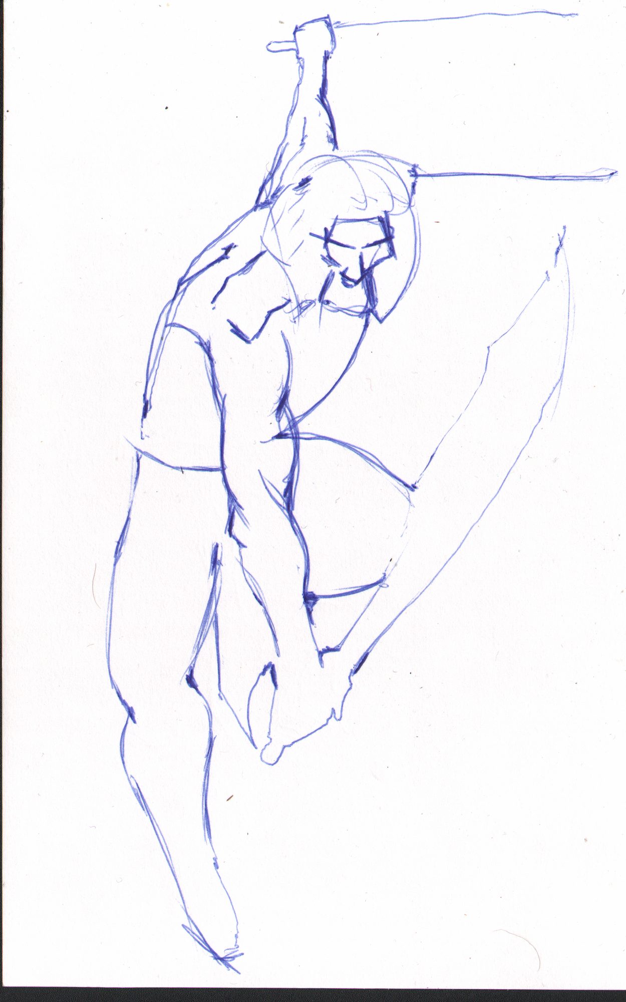 Climbing figure — blue pen, full stretch