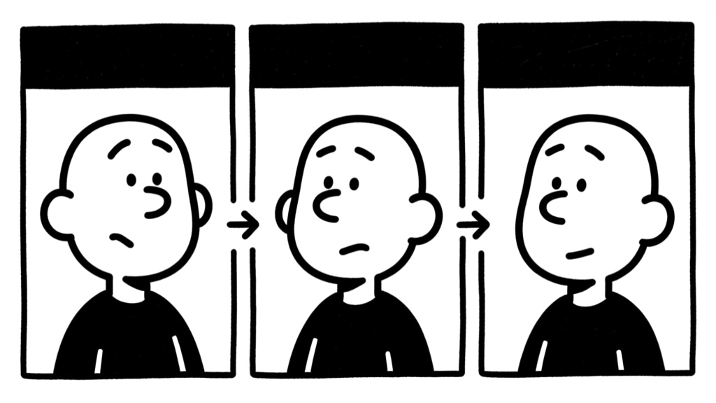 Three-panel face — the progression from simple to complex