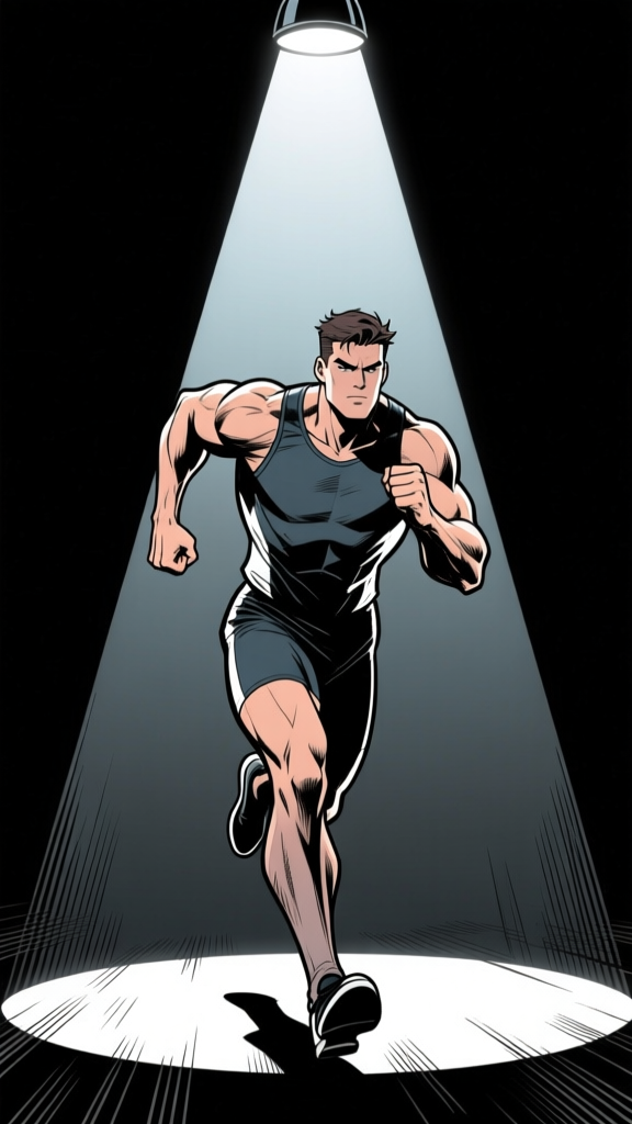 Hero running — colored spotlight