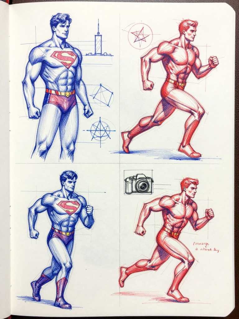 Sketchbook figure studies with overlays