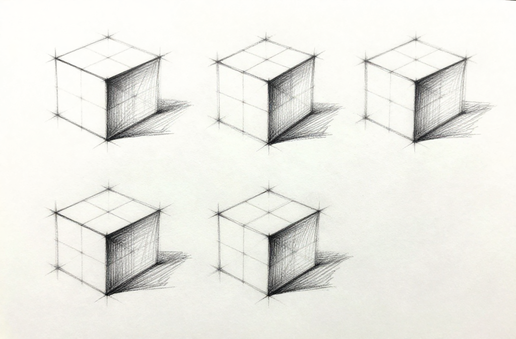 Cube rotation — five-view light study
