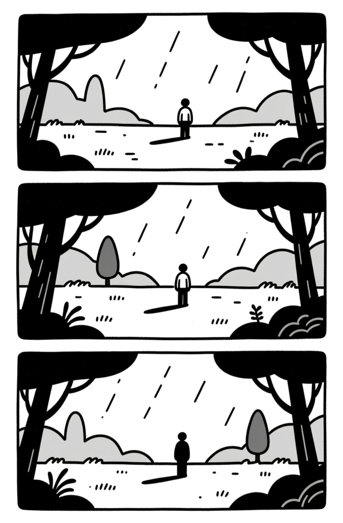 Three-panel landscape — comic