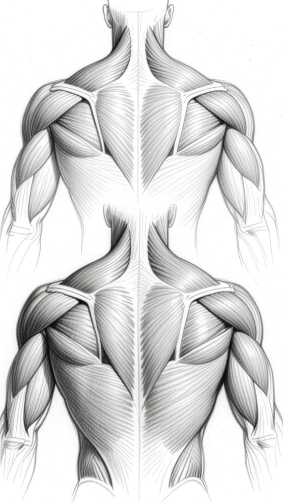 Back muscles — detailed two-view