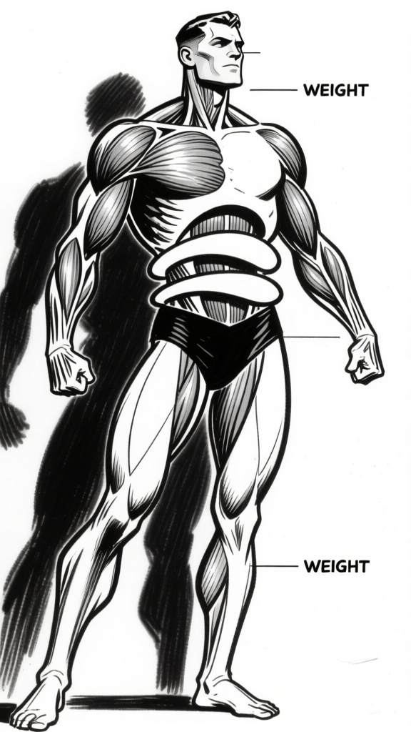 Muscular figure with proportion labels
