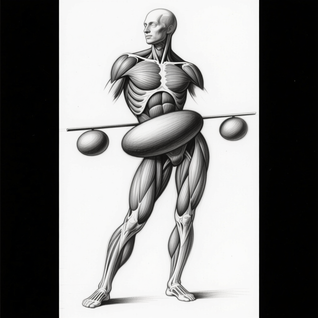Écorché figure with sphere proportions