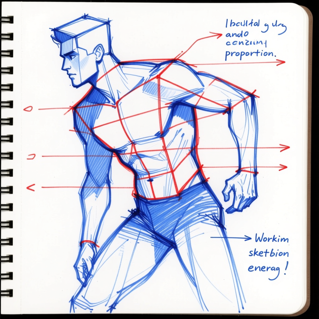 Figure construction — blue pen notebook