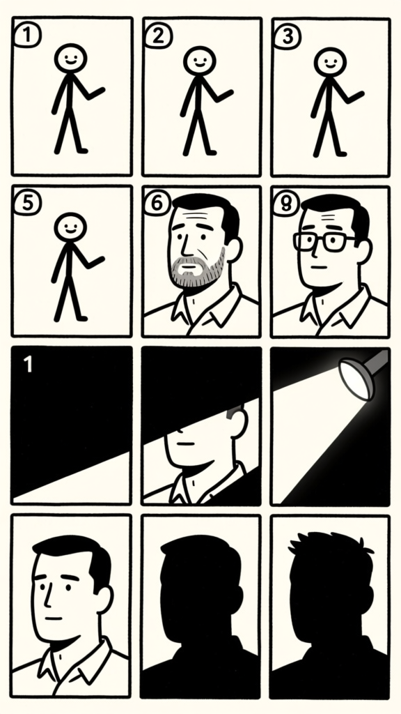 Stick figure to lit face — value stages