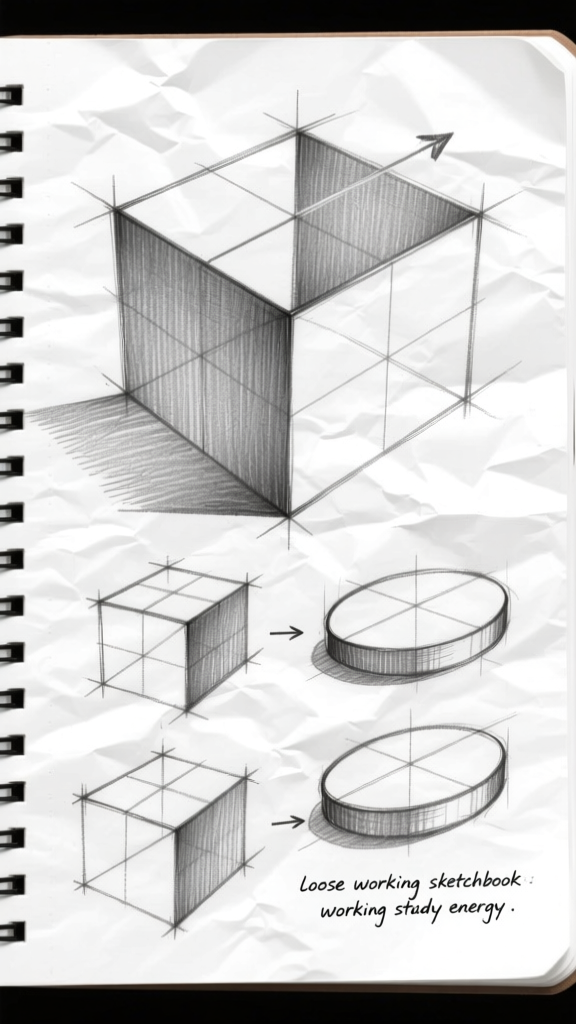 Cube and ellipse — notebook study